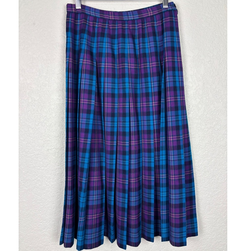 Pendleton‎ Wool Plaid Pleated Midi Skirt Purple Blue Vintage Made in USA SZ 10